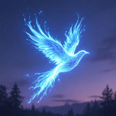 The primary subject of the image is a bird, specifically a dove, flying through the sky. The bird is depicted in a blue and white color scheme, which gives it a serene and peaceful appearance. The setting is a nighttime sky, with the bird flying against a backdrop of trees. The visual style of the image is a combination of digital art and illustration, creating a unique and captivating scene. The overall atmosphere of the image is one of tranquility and freedom.